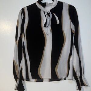 Chic Striped Tie-Neck Blouse | Black Tan White